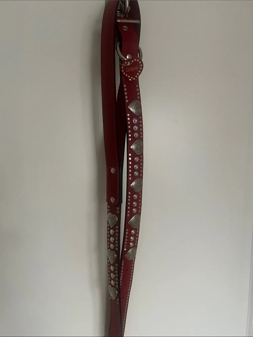 Equestrian grade Red Leather Dog Collar and Lead embellished. Sz L.